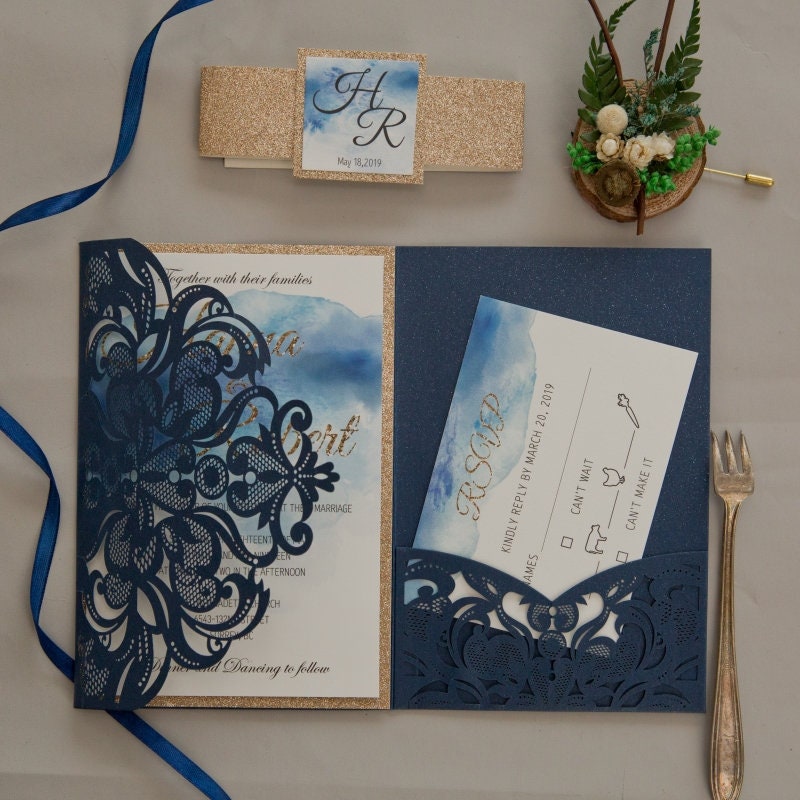 Navy Laser Cut Wedding Invitation, Watercolour & Gold Glitter thumbnail 3
