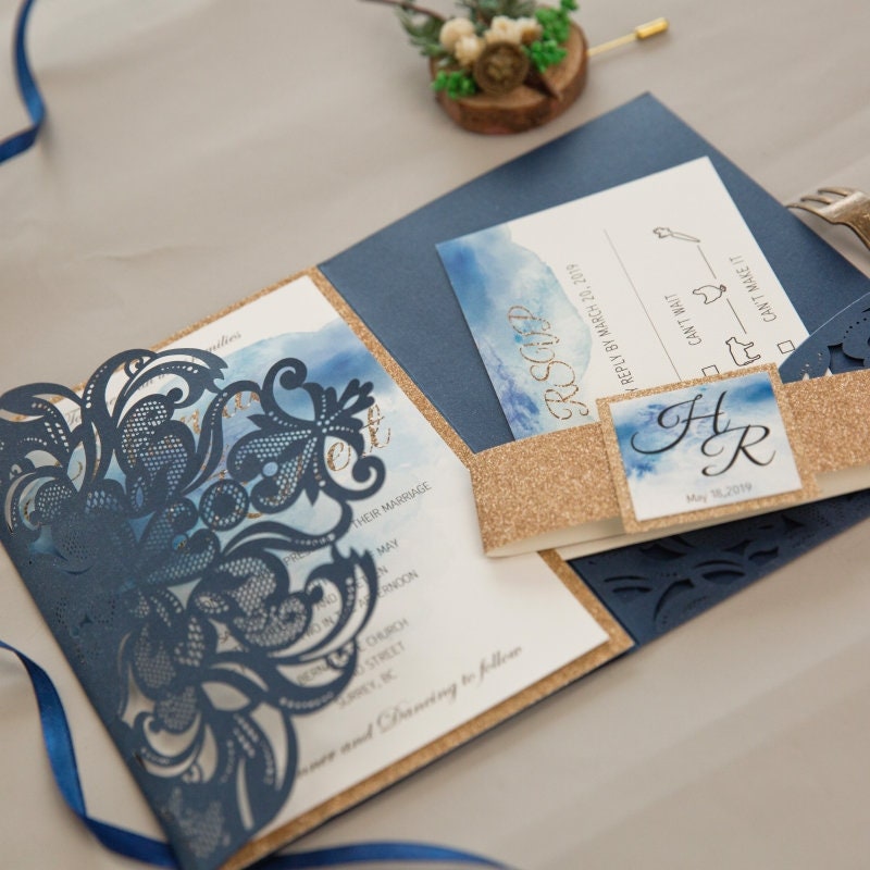 Navy Laser Cut Wedding Invitation, Watercolour & Gold Glitter thumbnail 4