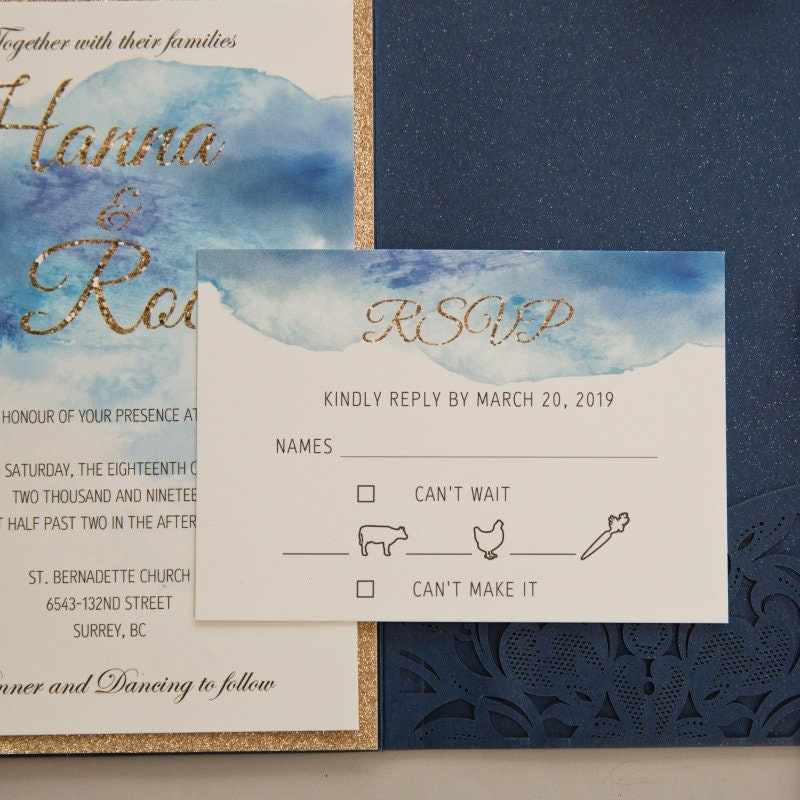 Navy Laser Cut Wedding Invitation, Watercolour & Gold Glitter thumbnail 5