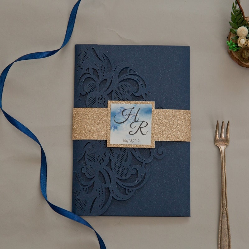 Navy Laser Cut Wedding Invitation, Watercolour & Gold Glitter thumbnail 6