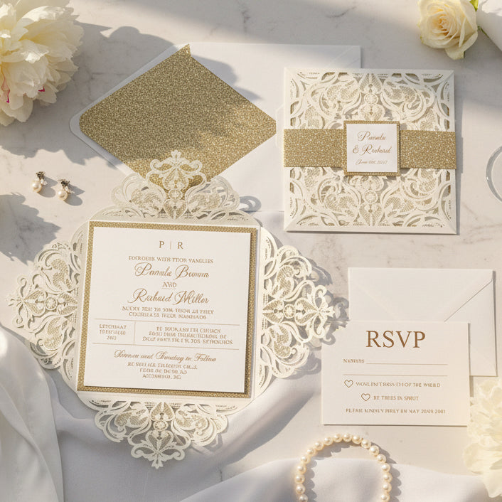 Lasercut Ivory Wedding Invitation with Rose Gold Glitter Details image 1