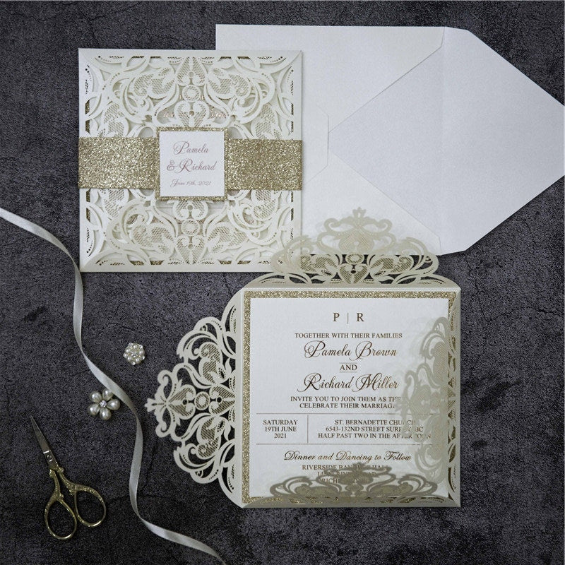 Lasercut Ivory Wedding Invitation with Rose Gold Glitter Details thumbnail 2