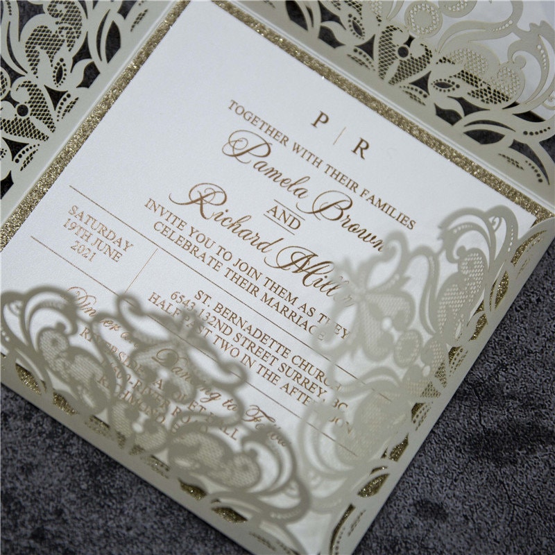 Lasercut Ivory Wedding Invitation with Rose Gold Glitter Details thumbnail 3