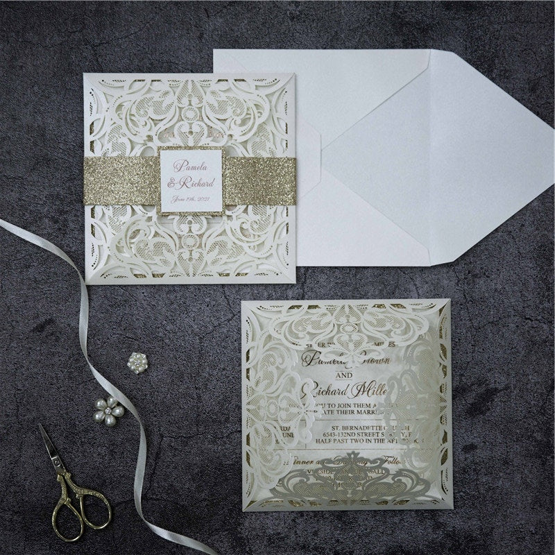 Lasercut Ivory Wedding Invitation with Rose Gold Glitter Details thumbnail 4
