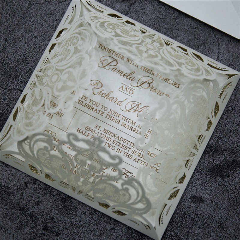 Lasercut Ivory Wedding Invitation with Rose Gold Glitter Details thumbnail 5