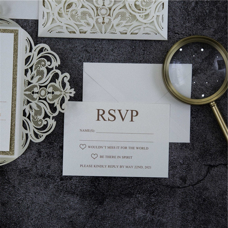 Lasercut Ivory Wedding Invitation with Rose Gold Glitter Details thumbnail 6