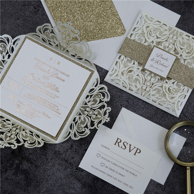 Lasercut Ivory Wedding Invitation with Rose Gold Glitter Details thumbnail 7