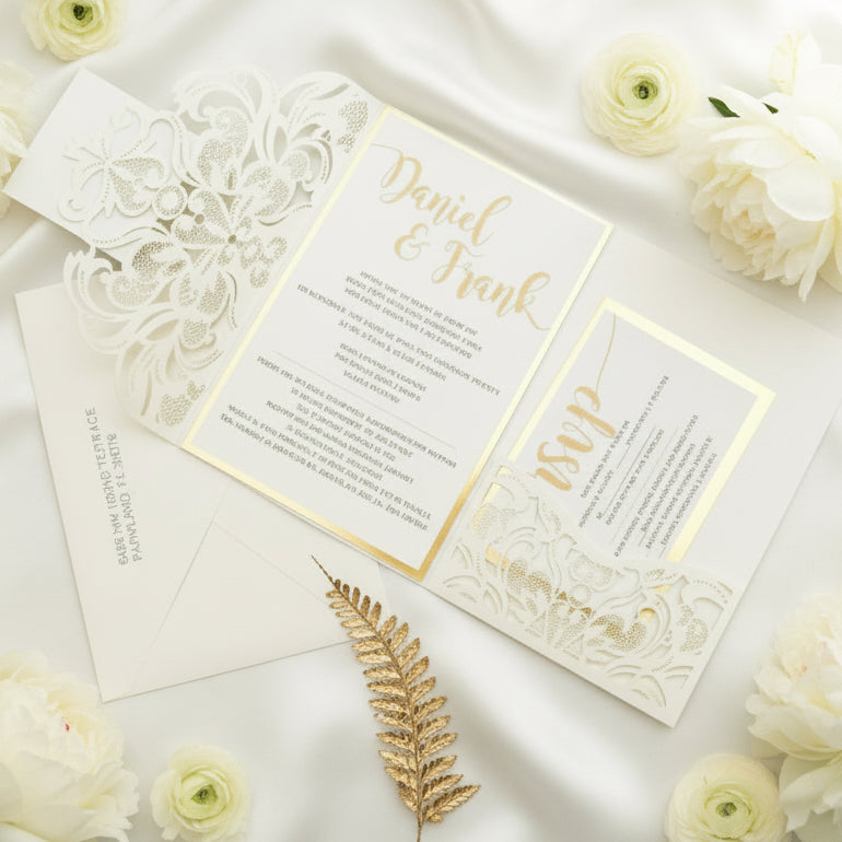 Laser Cut Wedding Invitation: Ivory Shimmer, Gold Mirror image 1