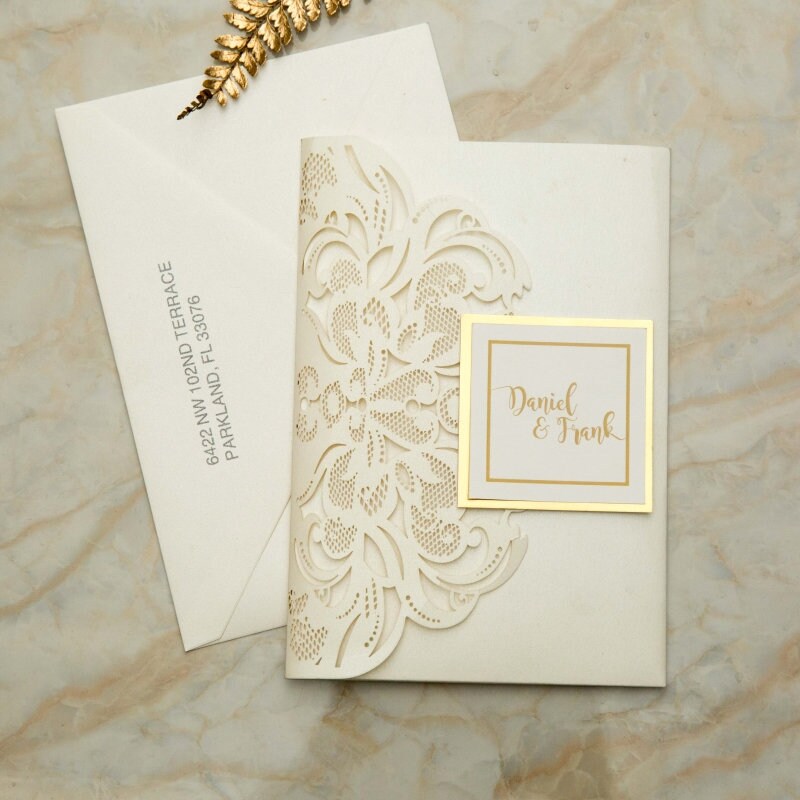 Laser Cut Wedding Invitation: Ivory Shimmer, Gold Mirror thumbnail 2