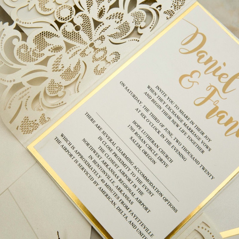 Laser Cut Wedding Invitation: Ivory Shimmer, Gold Mirror thumbnail 3