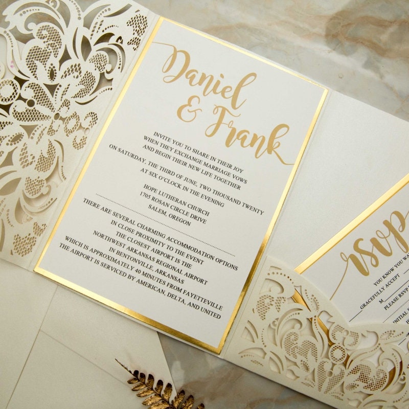 Laser Cut Wedding Invitation: Ivory Shimmer, Gold Mirror thumbnail 4