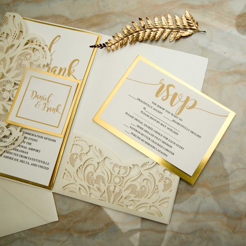 Laser Cut Wedding Invitation: Ivory Shimmer, Gold Mirror thumbnail 5
