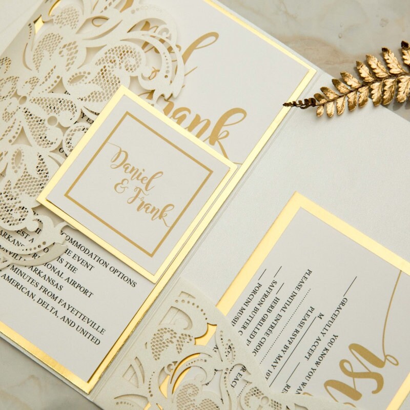 Laser Cut Wedding Invitation: Ivory Shimmer, Gold Mirror thumbnail 6