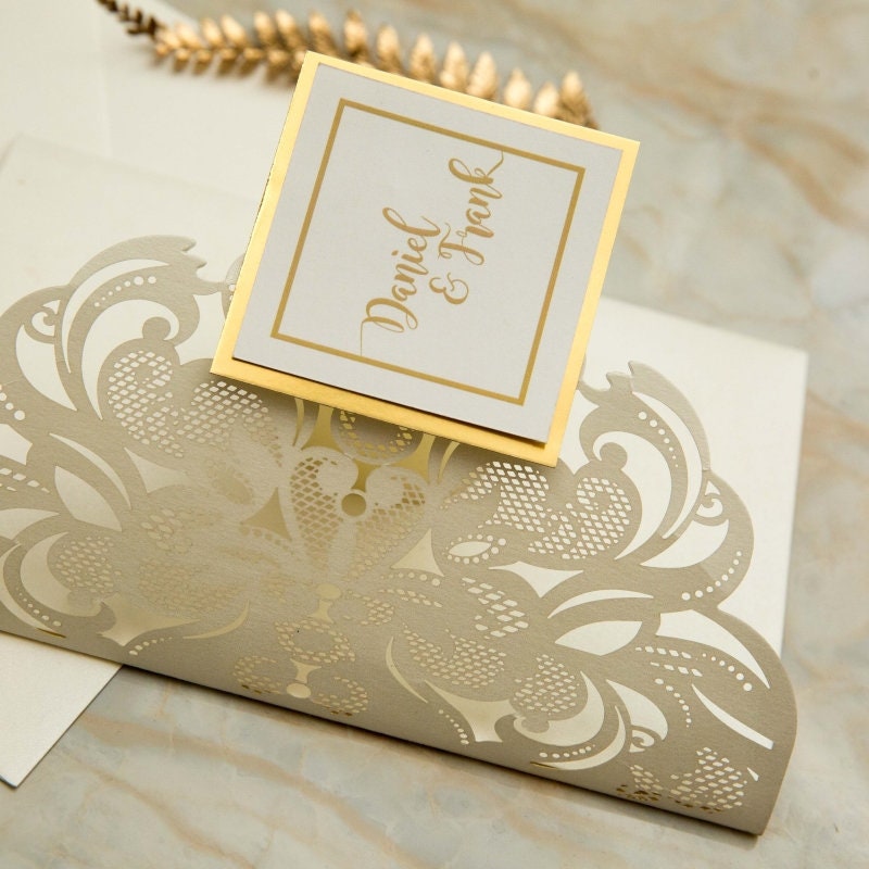 Laser Cut Wedding Invitation: Ivory Shimmer, Gold Mirror thumbnail 7