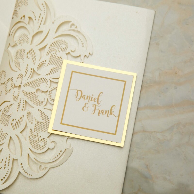 Laser Cut Wedding Invitation: Ivory Shimmer, Gold Mirror thumbnail 8