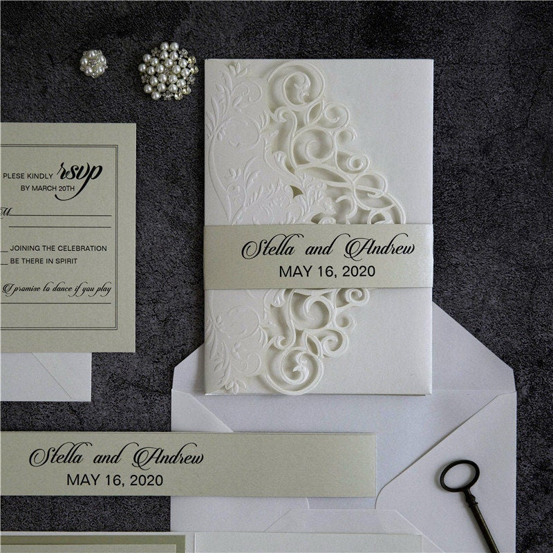 Laser Cut Wedding Invitation, Ivory Embossed Shimmer Card thumbnail 2
