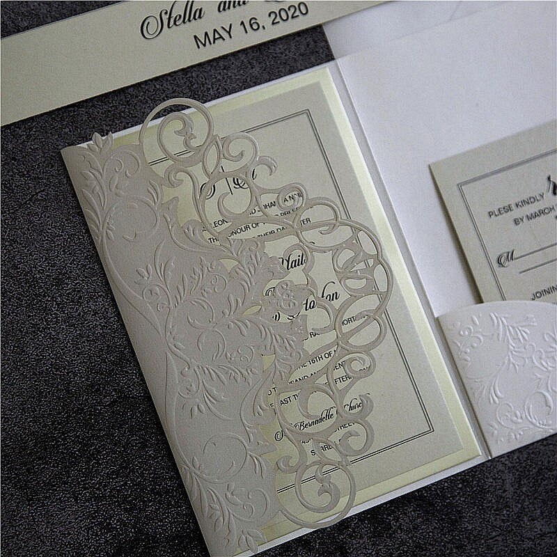 Laser Cut Wedding Invitation, Ivory Embossed Shimmer Card thumbnail 4