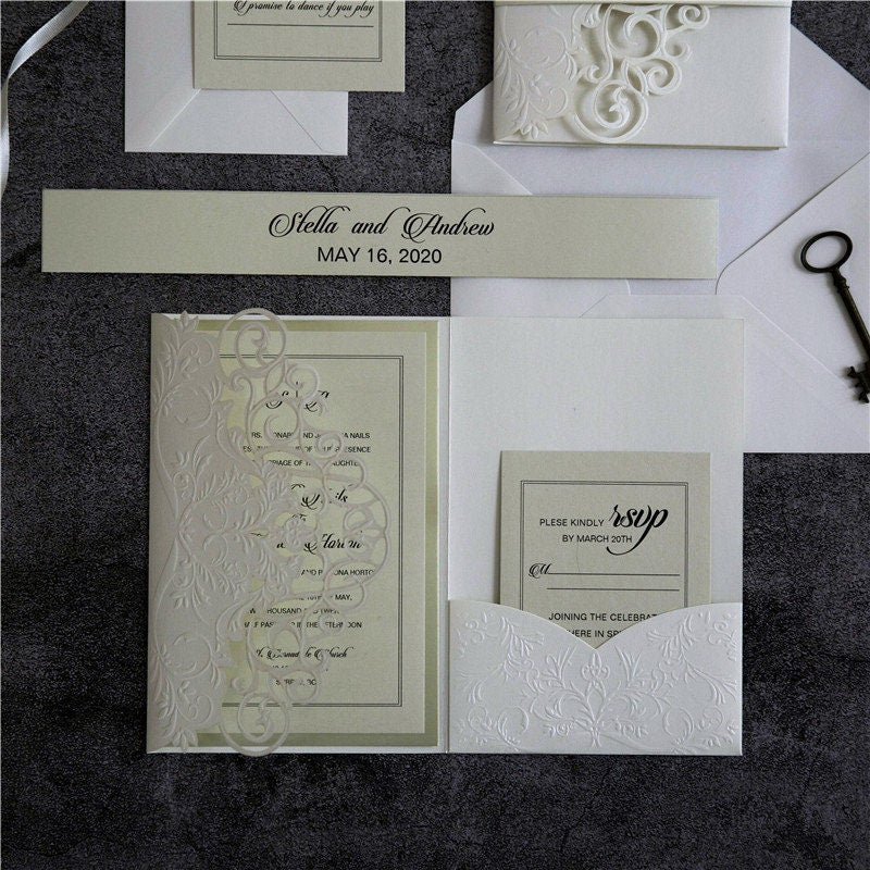Laser Cut Wedding Invitation, Ivory Embossed Shimmer Card thumbnail 5