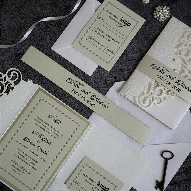 Laser Cut Wedding Invitation, Ivory Embossed Shimmer Card thumbnail 6