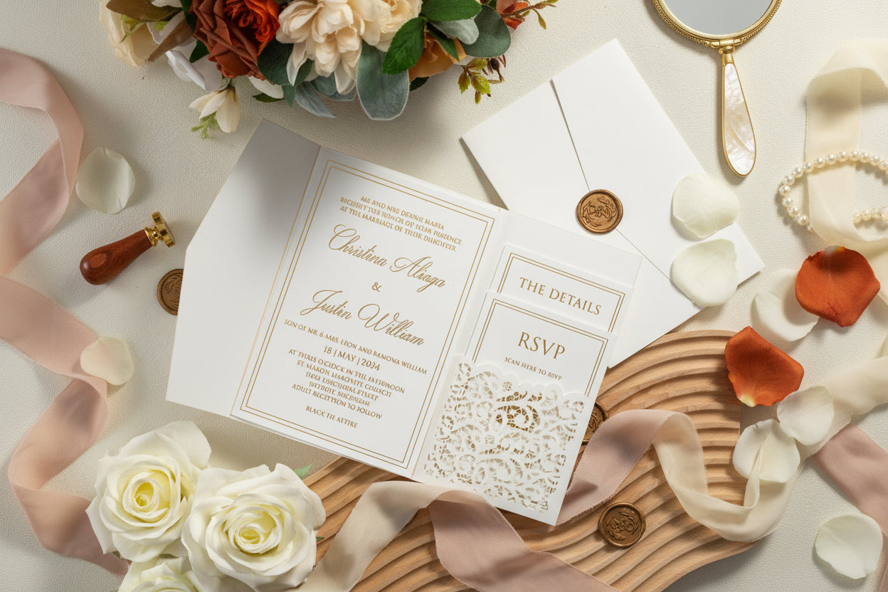 Ivory Shimmer Pocketfold Lasercut Wedding Invitation with Gold Foil and Wax Seal Detailing image 1