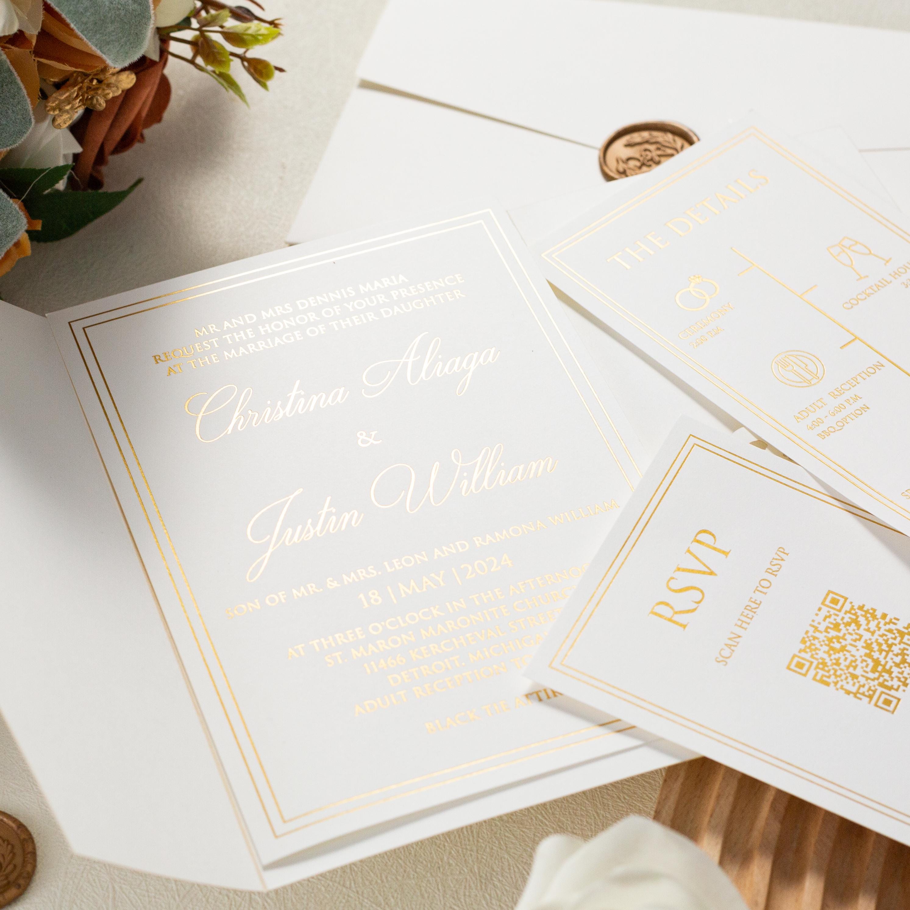 Ivory Shimmer Pocketfold Lasercut Wedding Invitation with Gold Foil and Wax Seal Detailing thumbnail 2