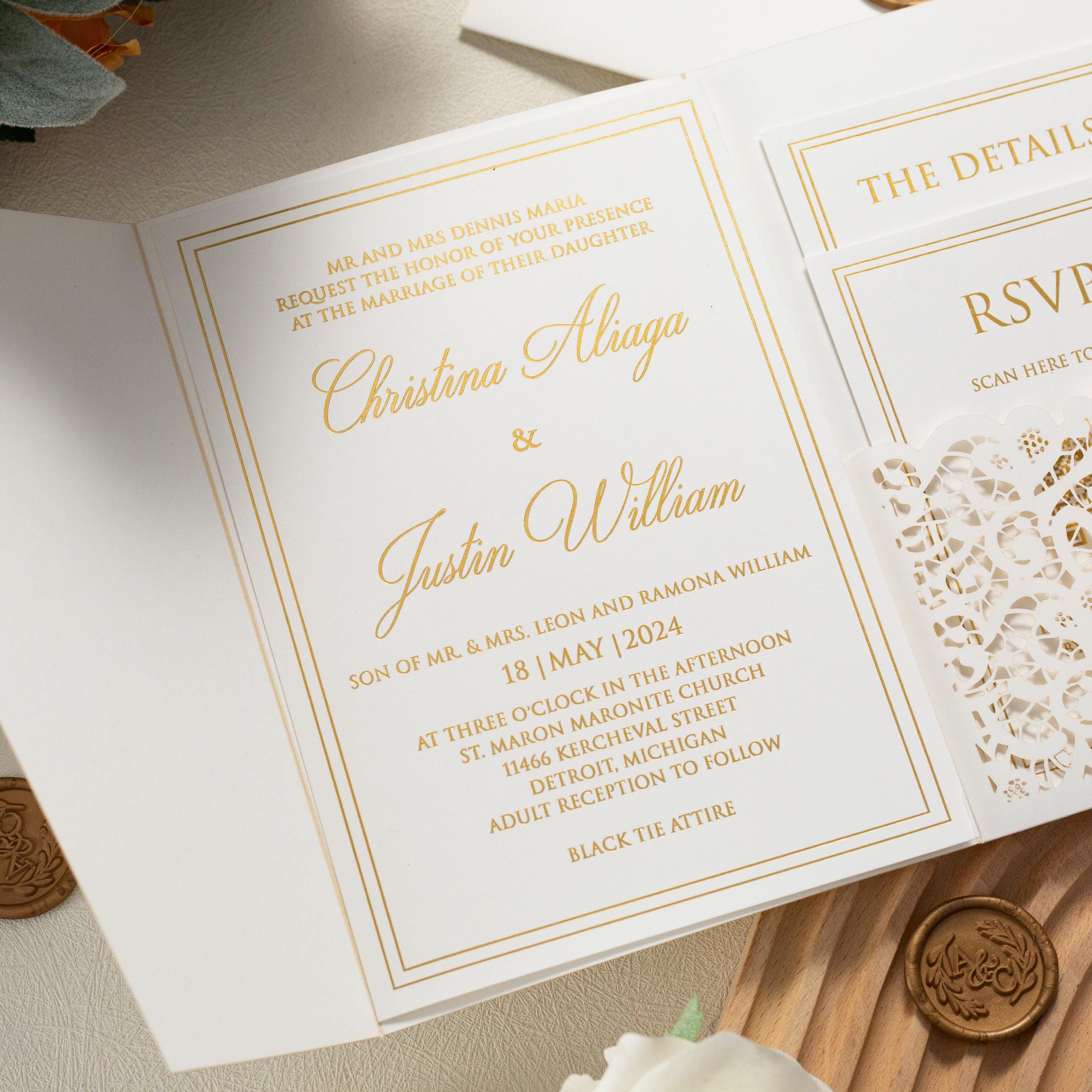 Ivory Shimmer Pocketfold Lasercut Wedding Invitation with Gold Foil and Wax Seal Detailing thumbnail 3
