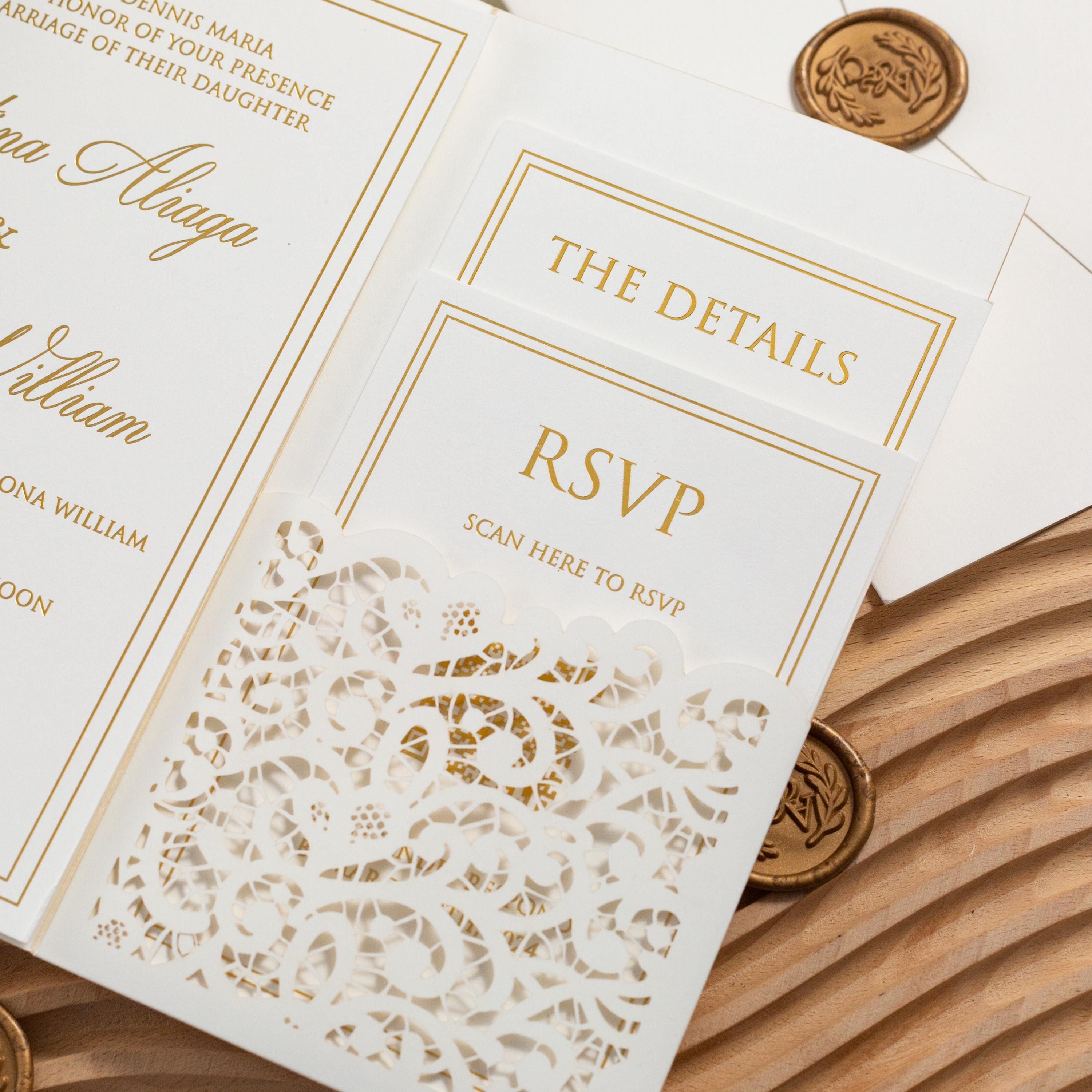 Ivory Shimmer Pocketfold Lasercut Wedding Invitation with Gold Foil and Wax Seal Detailing thumbnail 4