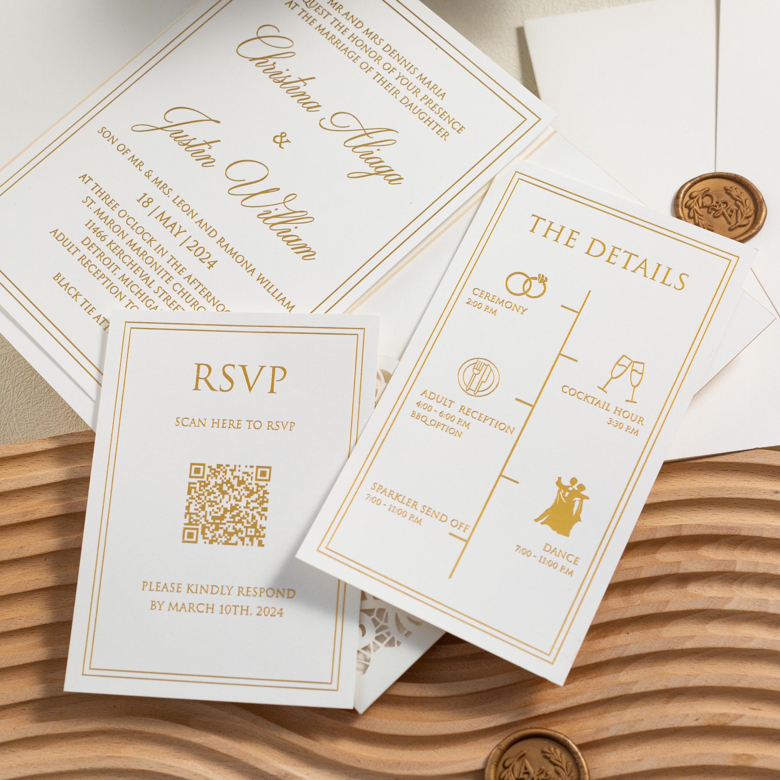 Ivory Shimmer Pocketfold Lasercut Wedding Invitation with Gold Foil and Wax Seal Detailing thumbnail 5
