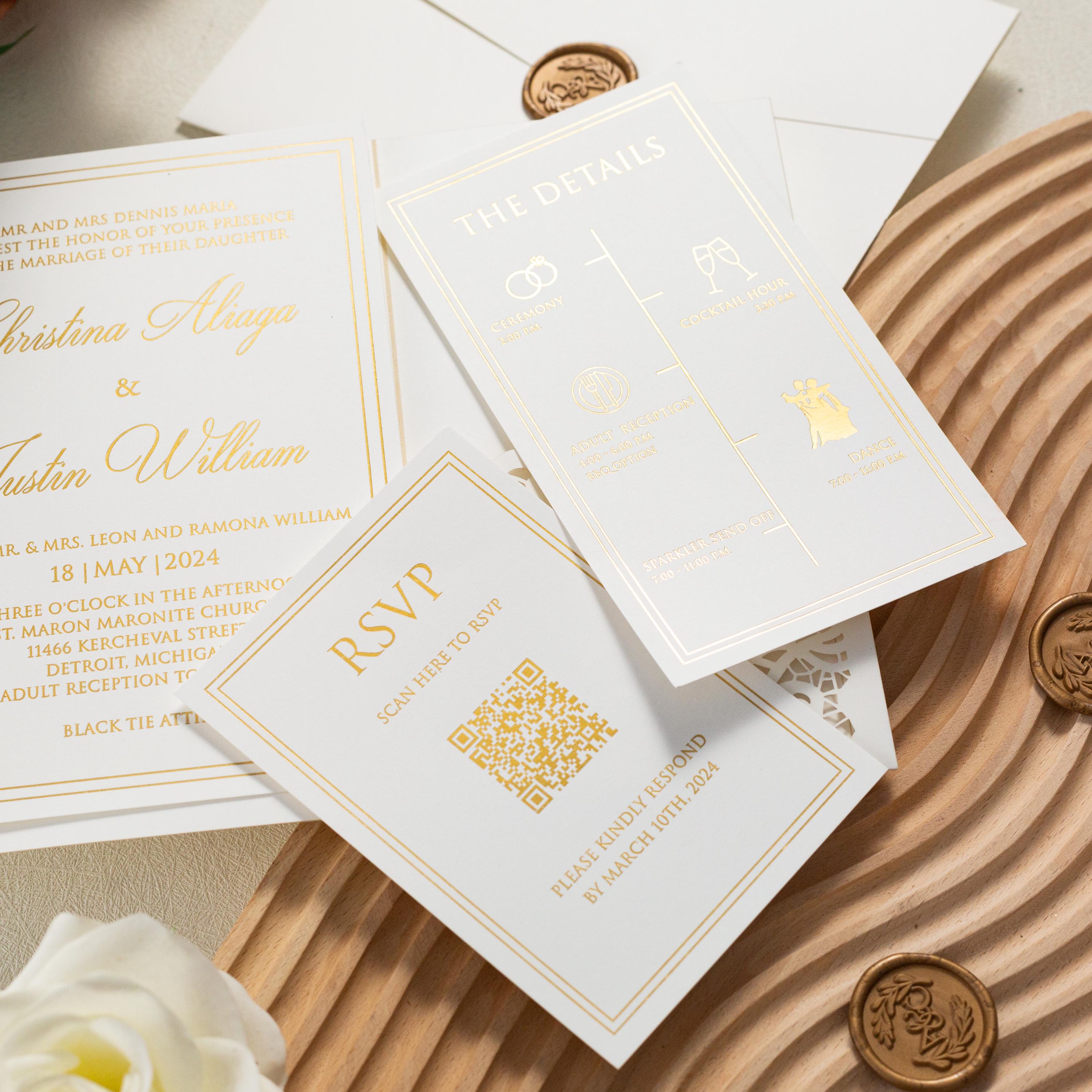 Ivory Shimmer Pocketfold Lasercut Wedding Invitation with Gold Foil and Wax Seal Detailing thumbnail 6