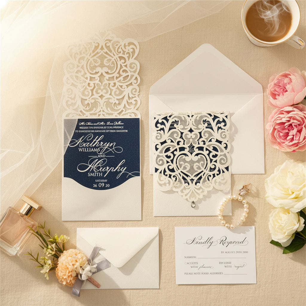 Ivory & Navy Lasercut Wedding Invite with Silver Foil Detailing image 1