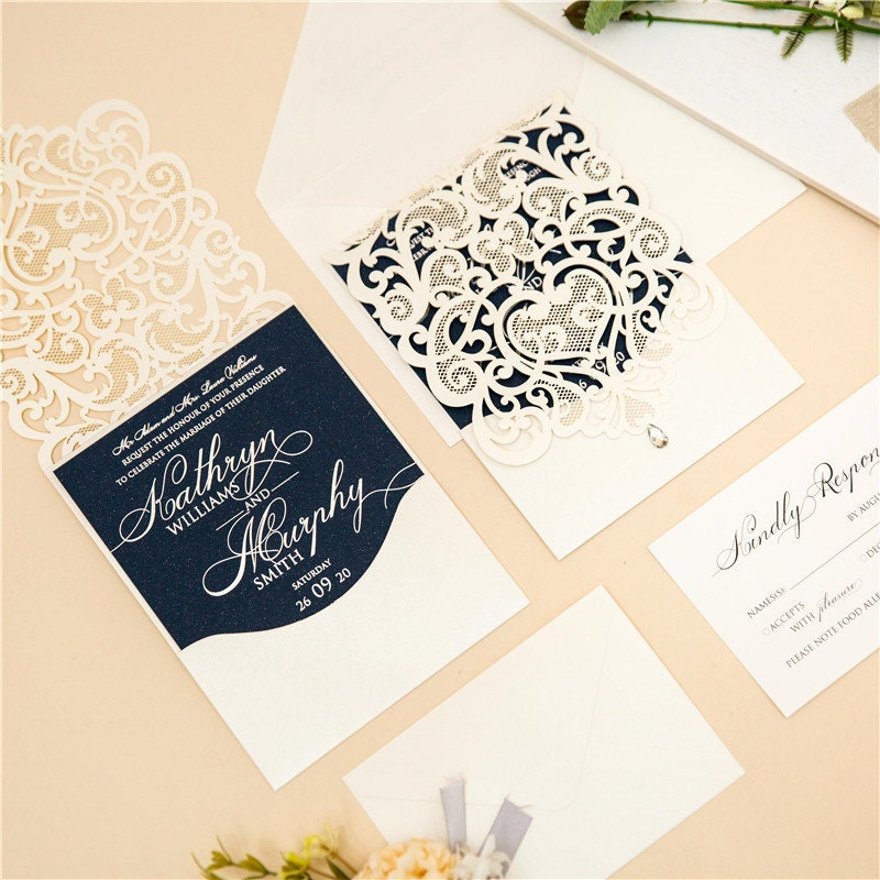 Ivory & Navy Lasercut Wedding Invite with Silver Foil Detailing thumbnail 2