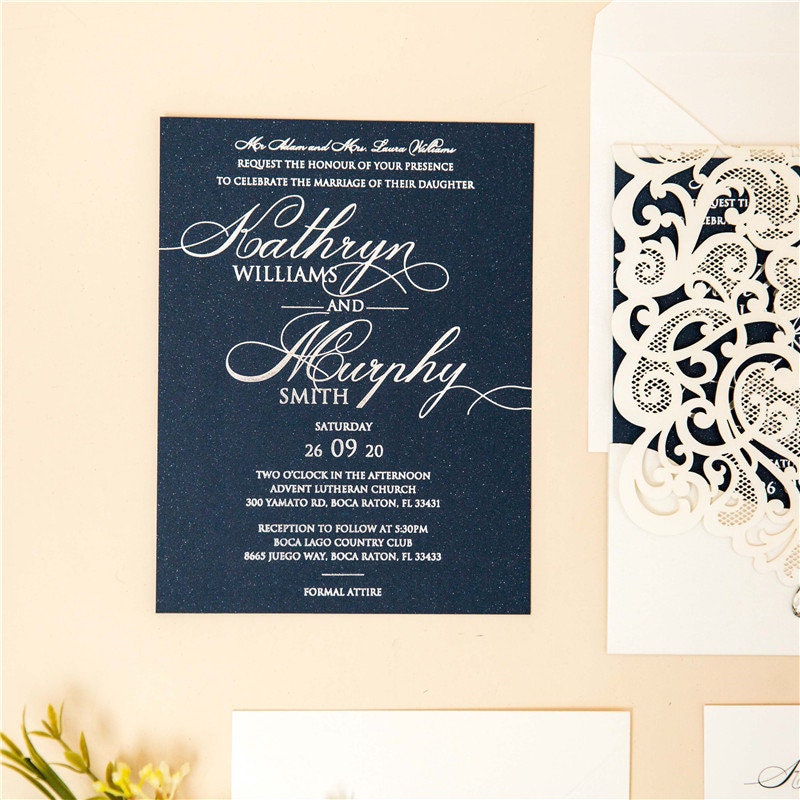 Ivory & Navy Lasercut Wedding Invite with Silver Foil Detailing thumbnail 3