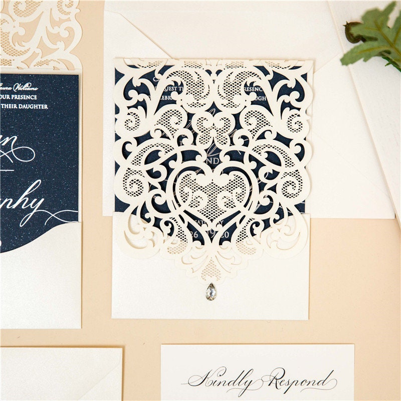 Ivory & Navy Lasercut Wedding Invite with Silver Foil Detailing thumbnail 4