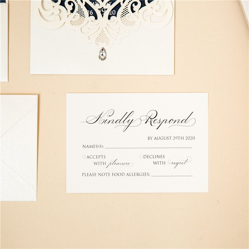 Ivory & Navy Lasercut Wedding Invite with Silver Foil Detailing thumbnail 5