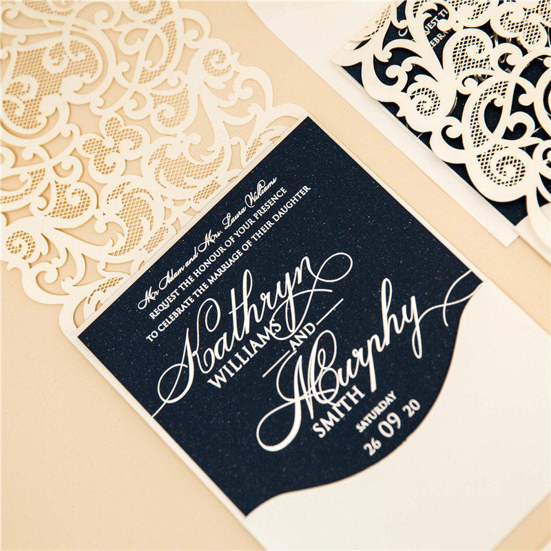 Ivory & Navy Lasercut Wedding Invite with Silver Foil Detailing thumbnail 6