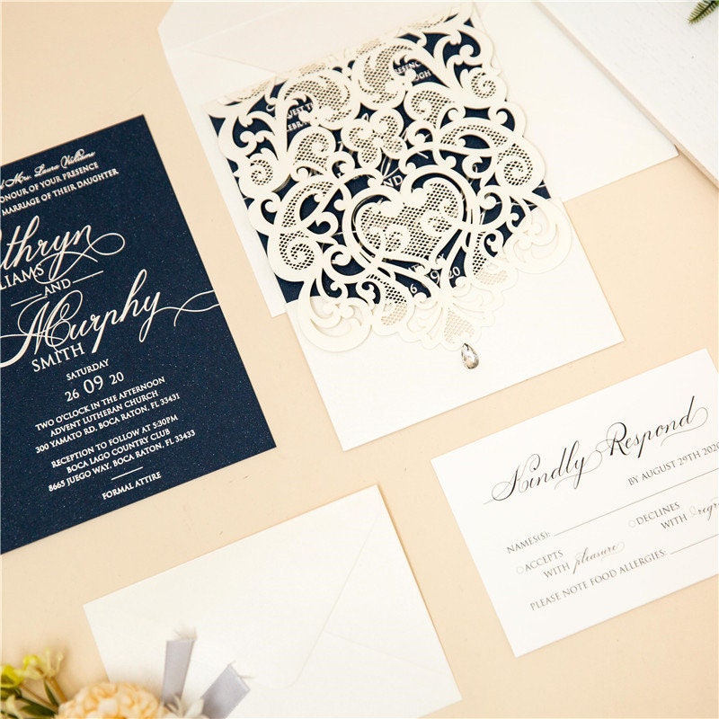Ivory & Navy Lasercut Wedding Invite with Silver Foil Detailing thumbnail 7