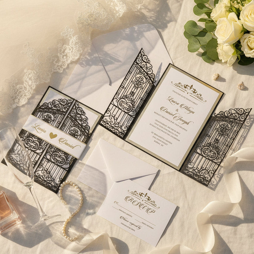 Iron Gate Lasercut Wedding Invite in Black Shimmer, with gold foiled belly band image 1