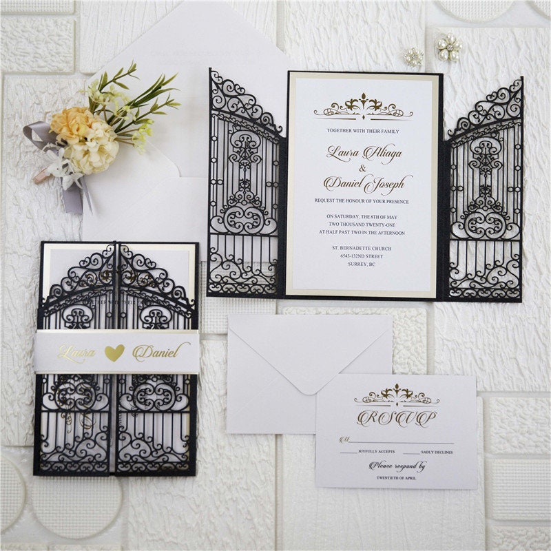 Iron Gate Lasercut Wedding Invite in Black Shimmer, with gold foiled belly band thumbnail 2