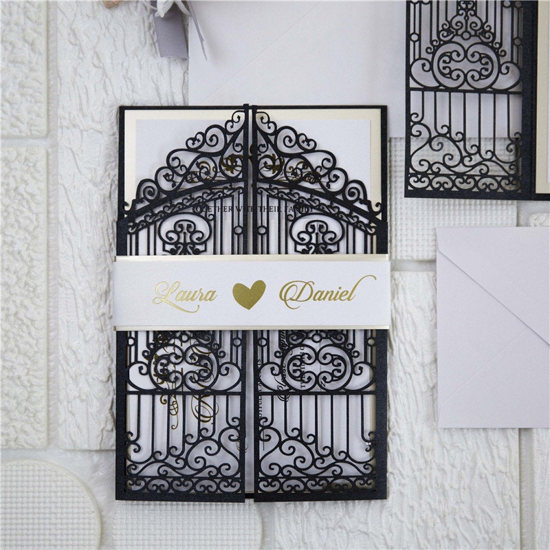 Iron Gate Lasercut Wedding Invite in Black Shimmer, with gold foiled belly band thumbnail 3