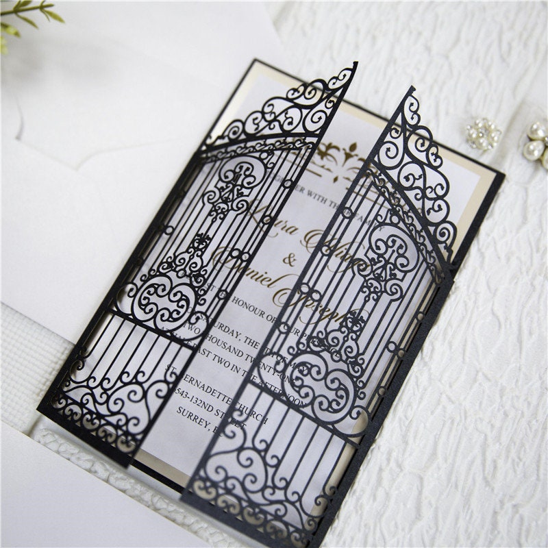 Iron Gate Lasercut Wedding Invite in Black Shimmer, with gold foiled belly band thumbnail 4