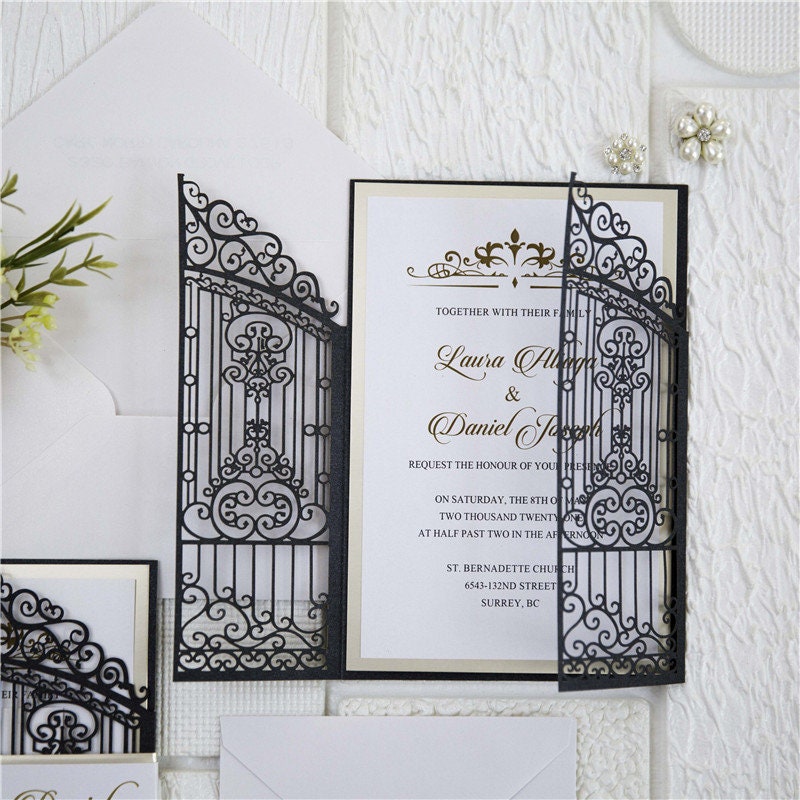 Iron Gate Lasercut Wedding Invite in Black Shimmer, with gold foiled belly band thumbnail 5