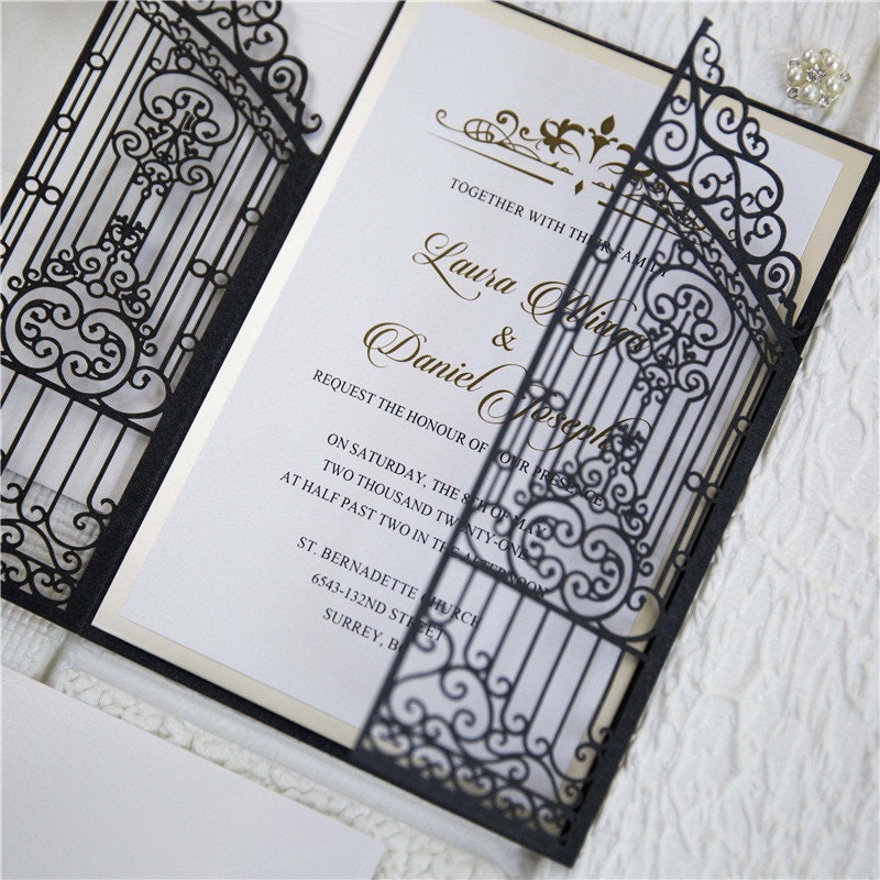 Iron Gate Lasercut Wedding Invite in Black Shimmer, with gold foiled belly band thumbnail 6