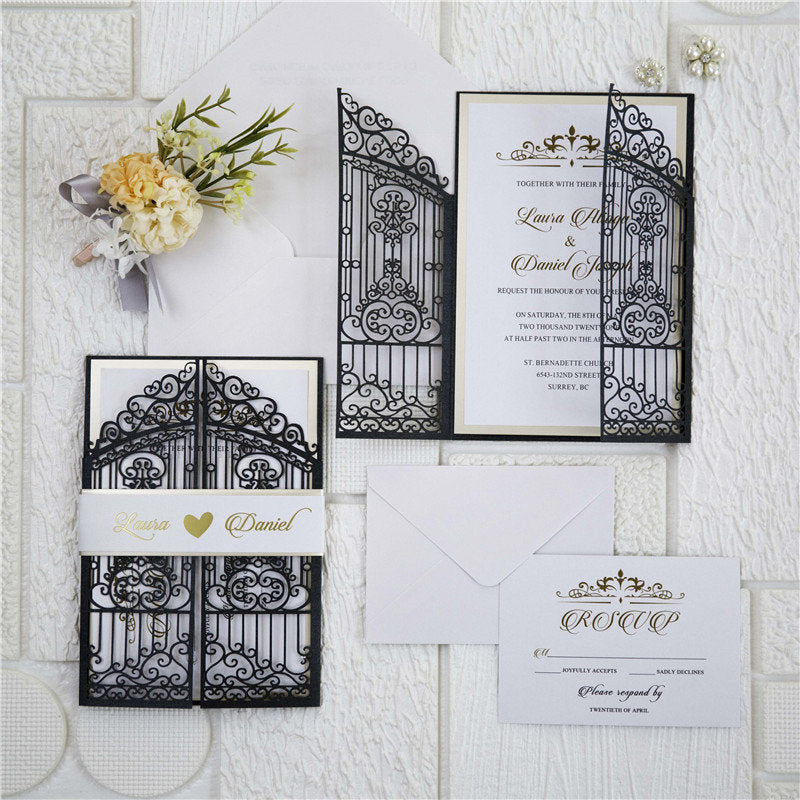 Iron Gate Lasercut Wedding Invite in Black Shimmer, with gold foiled belly band thumbnail 7