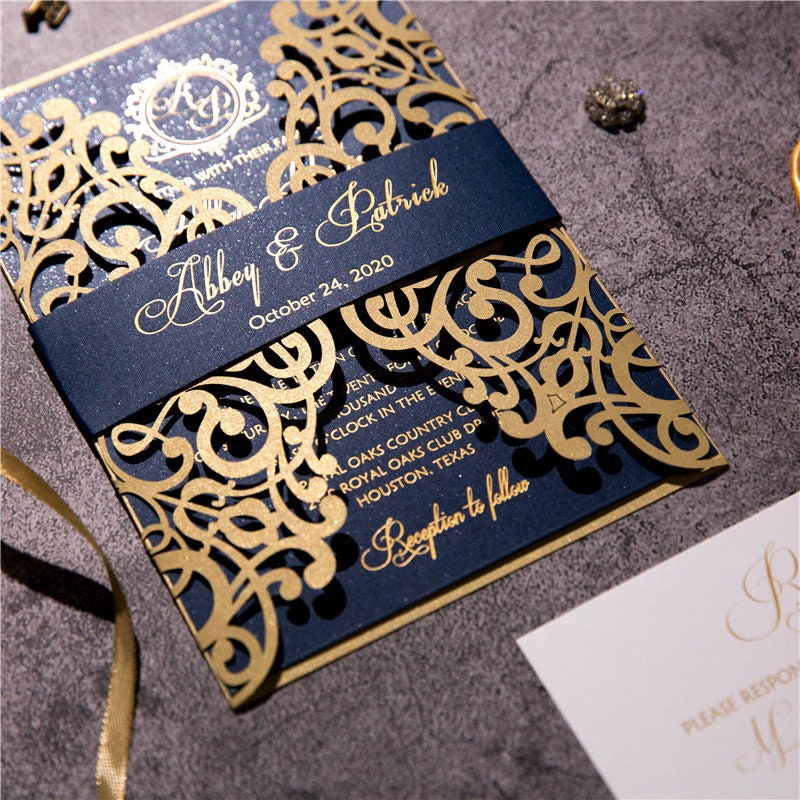 Gold Lasercut Wedding Invitation, Navy Bellyband & Gold Foiling thumbnail 2