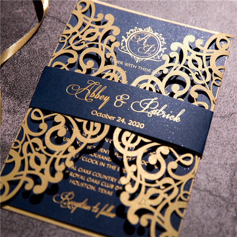 Gold Lasercut Wedding Invitation, Navy Bellyband & Gold Foiling thumbnail 3