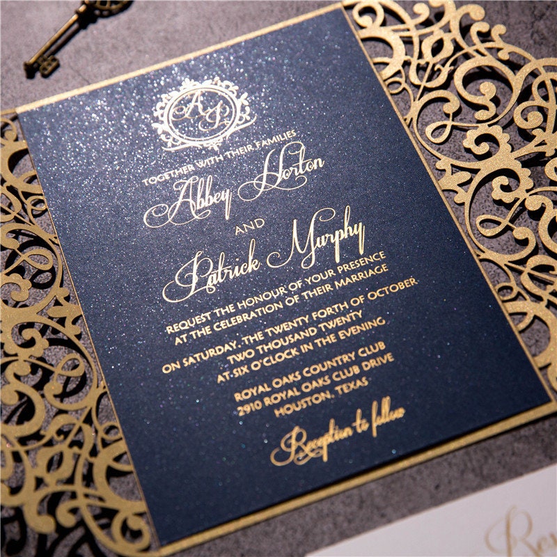 Gold Lasercut Wedding Invitation, Navy Bellyband & Gold Foiling thumbnail 4