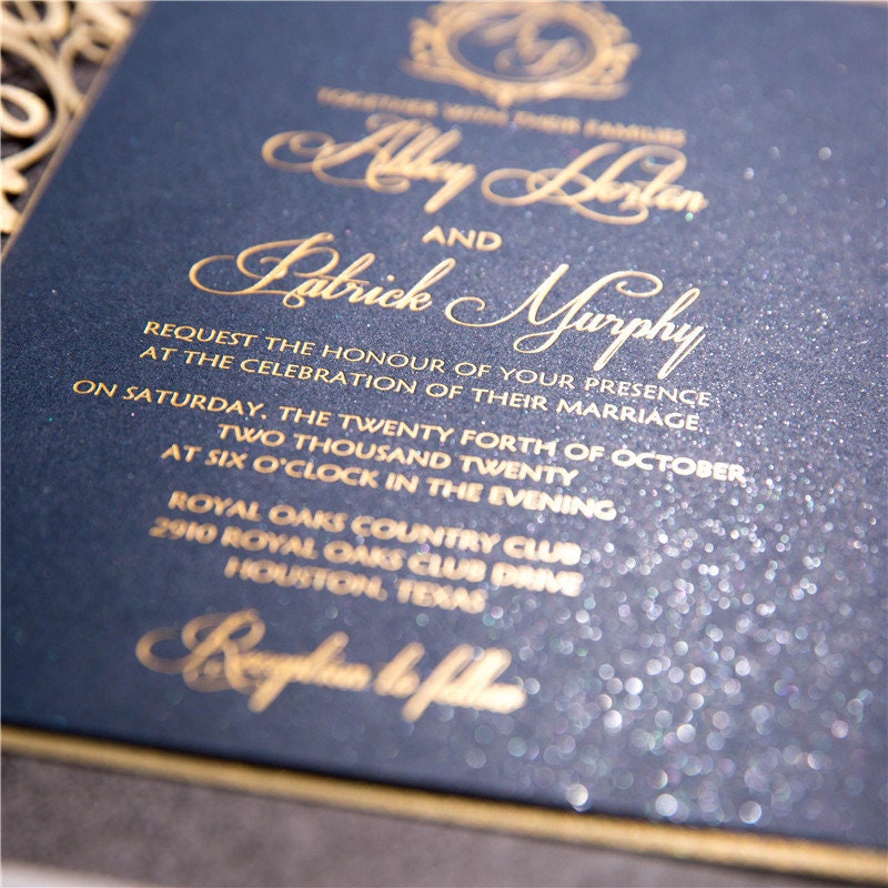 Gold Lasercut Wedding Invitation, Navy Bellyband & Gold Foiling thumbnail 5