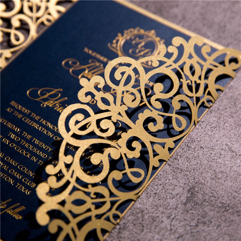 Gold Lasercut Wedding Invitation, Navy Bellyband & Gold Foiling thumbnail 6