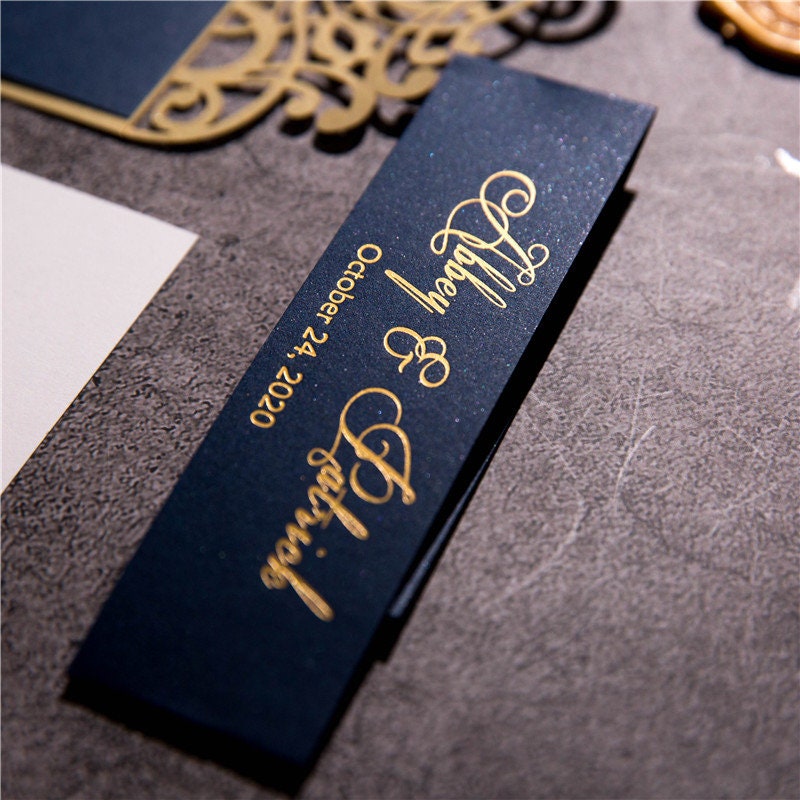 Gold Lasercut Wedding Invitation, Navy Bellyband & Gold Foiling thumbnail 7
