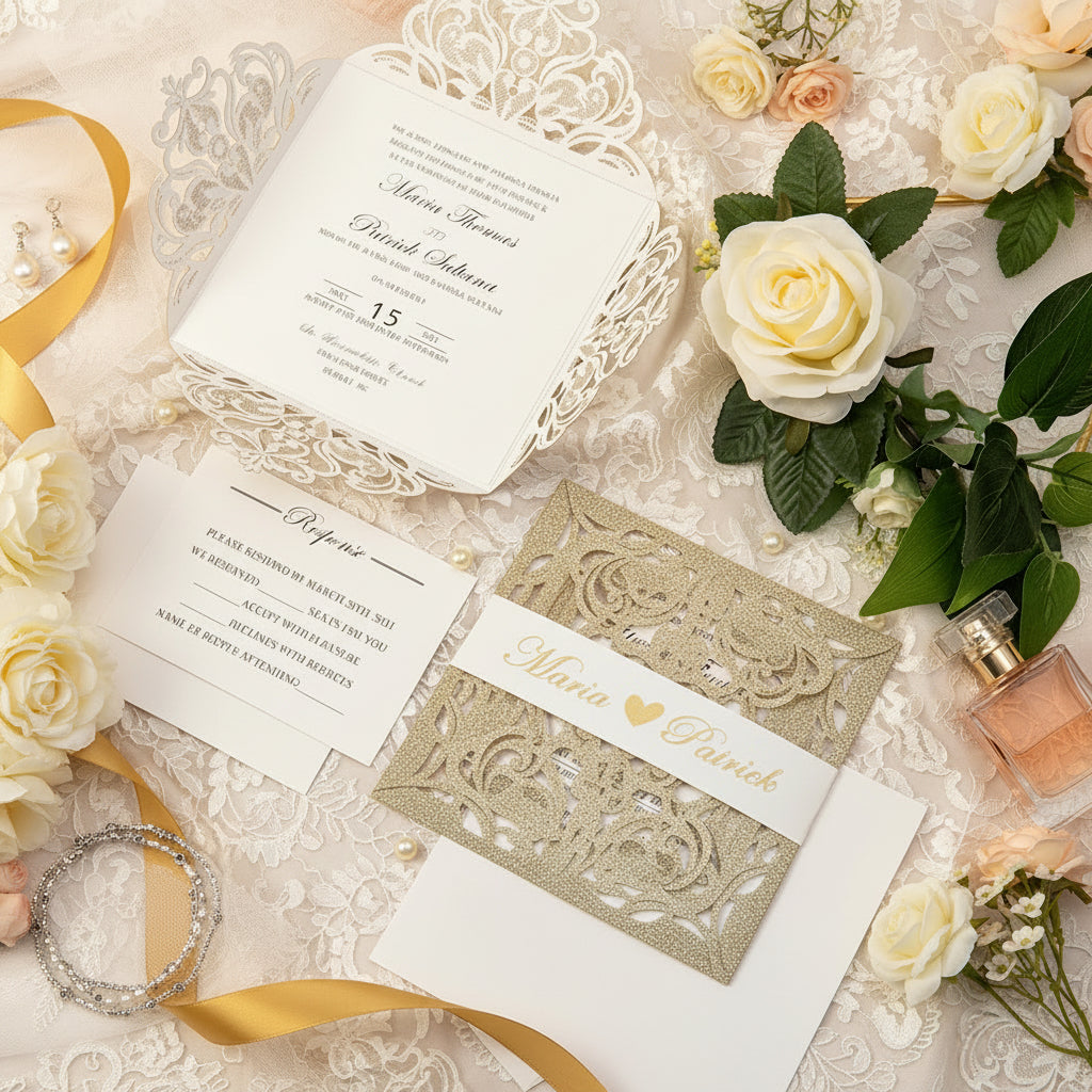 Gold Glitter Laser Cut Wedding Invitation, Ivory Shimmer Suite image 1